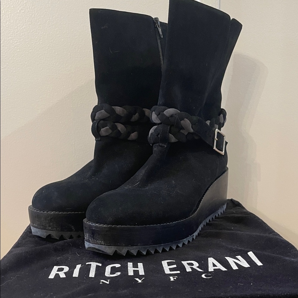 Ritch Erani NYFC Suede Black Wedge Boots with Braided Buckle Detail Size 9